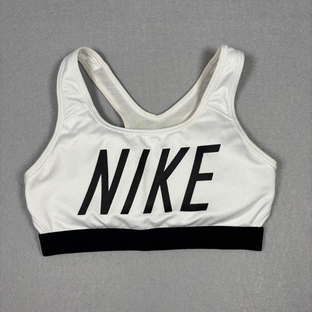 NIKE SPORTS BRA WOMENS SIZE SMALL DRI FIT WHITE MESH CLASIC LOGO GYM BRA WORKOUT